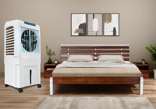Rubberwood Double Bed, Mattress and Air Cooler 24-32 Ltr Combo
